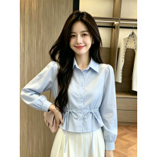 批发大码女装～法式甜美风系带收腰长袖衬衫2026早<b class='q'>秋</b>新款气质休闲上衣