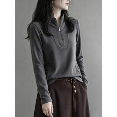 批发大码半拉链立领德绒打底衫女秋<b class='q'>冬</b> U 型明线分割显瘦长袖内搭上衣