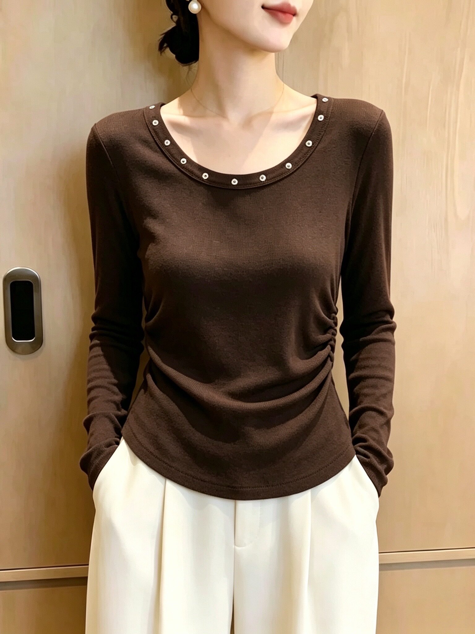 RY9348# 大码美拉德设计感T恤女早秋巨好看正肩掐腰内搭长袖小上衣打底...