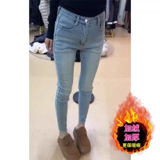 批发浅蓝色加绒<b class='q'>牛仔裤</b>女秋冬新款小个子高腰显瘦弹力遮胯修身<b class='q'>小脚裤</b>