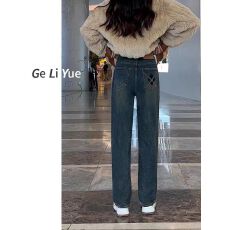 批发水泥灰阔腿牛仔<b class='q'>裤</b>女2025年冬季新款高腰<b class='q'>宽松</b>加绒窄版显瘦直筒<b class='q'>裤</b>子