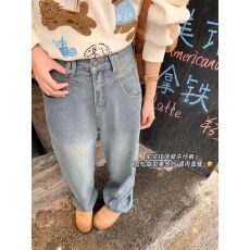 批发曾小咸高腰显高复古阔腿牛仔裤2025春浅蓝色宽松加绒直筒梧桐裤潮