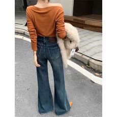 批发复古蓝高腰微喇<b class='q'>牛仔裤</b>女秋季欧货水洗宽松显瘦不贴腿喇叭拖地长裤