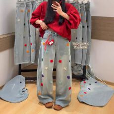 批发圣诞复合绒刺绣阔腿<b class='q'>牛仔裤</b>女冬季加绒欧货宽松小个子垂感休闲裤潮