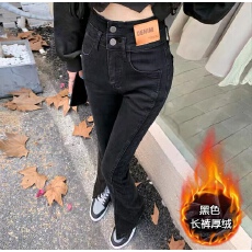 批发黑色高腰开叉微喇叭牛仔裤女2025秋冬新款小个子加绒梨型身材裤子