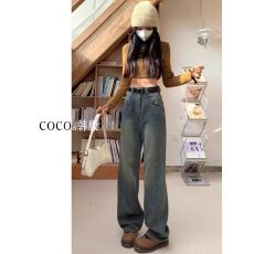 批发加绒牛仔<b class='q'>裤</b>女2025新款冬季复古蓝高腰显瘦做旧直筒拖地窄版阔腿<b class='q'>裤</b>