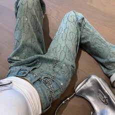 批发重工<b class='q'>烫钻</b>窄版阔腿<b class='q'>牛仔裤</b>女新款高腰显瘦满腿钻满天星闪闪直筒裤子