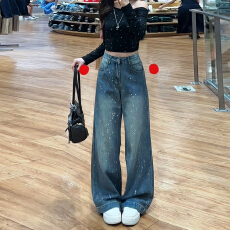 批发美式复古满天星闪钻阔腿<b class='q'>牛仔裤</b>女2025秋季新款宽松显瘦垂感拖地裤