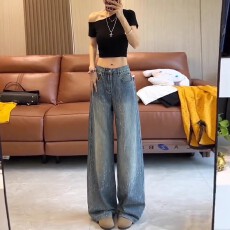 批发复古<b class='q'>烫钻</b>阔腿裤重工<b class='q'>牛仔裤</b>2025女夏季薄款高腰宽松小个子拖地裤