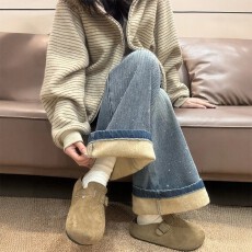 批发加绒加厚满天星<b class='q'>烫钻</b>阔腿<b class='q'>牛仔裤</b>女秋冬大码胖mm高腰显瘦直筒拖地裤