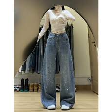 批发设计感满天星<b class='q'>镶钻</b><b class='q'>牛仔裤</b>女2025冬季新款加绒加厚显瘦阔腿拖地长裤