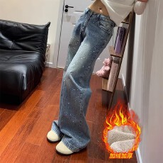 批发满天星<b class='q'>镶钻</b>阔腿加绒<b class='q'>牛仔裤</b>女2025冬季新款设计感宽松显瘦拖地裤子