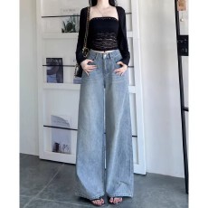 批发阔腿满天星烫钻<b class='q'>牛仔裤</b>女不贴腿2025秋季新款高腰小个子宽松拖地裤