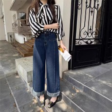批发复古撞色拼接高腰阔腿<b class='q'>牛仔裤</b>女春季小个子宽松显瘦休闲九分直筒裤