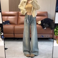 批发蓝色窄版加绒星河烫钻微喇牛仔裤女2025<b class='q'>秋</b>冬新款高腰显瘦阔腿长裤
