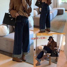 批发欧货普洗色阔腿牛仔裤女<b class='q'>秋</b>冬季新款高腰宽松小个子九分直筒奶奶裤