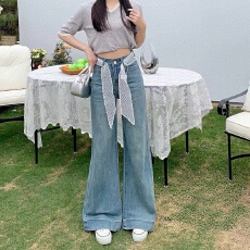 2026春季新款韩版蕾丝腰带直筒牛仔裤女高腰显瘦百搭阔腿大喇叭裤
