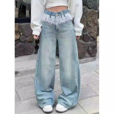 批发蕾丝拼接高腰<b class='q'>牛仔裤</b>女<b class='q'>欧洲站</b>2026春季新款设计师款小众直筒裤女