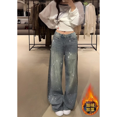 批发加绒保暖复古重工烫钻牛仔裤女秋<b class='q'>冬</b>季设计感宽松垂感直筒阔腿裤子