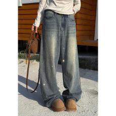 满天星烫钻重工牛仔裤女秋季设计感宽松直筒阔腿带钻爆闪裤子