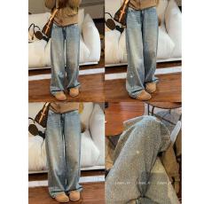 批发【陨石闪钻】烫钻加绒牛仔裤女2025年<b class='q'>冬</b>季高腰显瘦阔腿堆堆裤