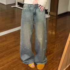 批发满天星烫钻<b class='q'>牛仔裤</b>女秋冬复古宽松显瘦垂感高腰<b class='q'>镶钻</b>阔腿裤拖地裤子