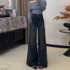 批发复古蓝<b class='q'>九分</b>阔腿微喇牛仔裤女2026年春秋新款不贴腿显瘦垂感喇叭裤