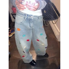批发今屿花花<b class='q'>牛仔裤</b>女2025新款冬季加绒刺绣小个子牛仔阔腿裤保暖裤子