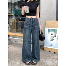 批发复古口袋辣妹直筒牛仔裤女2026年秋季新款小个子高腰显瘦阔腿长裤