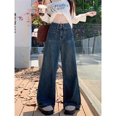 批发复古双扣阔腿牛仔裤女2026春季新款高腰宽松显瘦休闲垂感直筒长裤