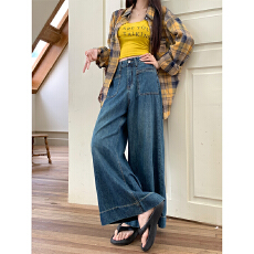 批发2026春季辣妹设计复古大摆阔腿牛仔裤女高腰宽松显瘦直筒百搭长裤