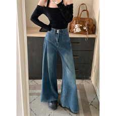 批发欧货不贴腿微喇裤美式复古蓝色微喇牛仔裤女高腰宽松垂感阔腿拖地