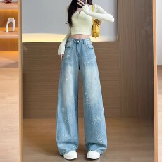 批发烫钻阔腿牛仔裤女春秋<b class='q'>冬</b>季2026新款时尚高腰宽松显瘦直筒拖地裤子