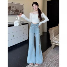 批发重工<b class='q'>钉珠</b>喇叭<b class='q'>牛仔裤</b>女春秋季2026新款修身显瘦弹力浅色高级拖地裤