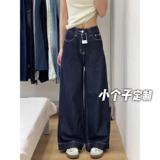 150小矮个子丹宁蓝直筒牛仔裤女夏季垂感复古高腰阔腿直筒拖地裤