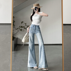 批发重工<b class='q'>钉珠</b>喇叭<b class='q'>牛仔裤</b>女春秋季2026新款修身显瘦弹力浅色高级拖地裤