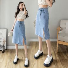 批发高腰开叉<b class='q'>牛仔</b>半身裙女夏季弹力宽松中长款裙子胖mm遮肚显瘦a字裙