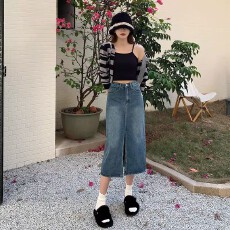 批发145小矮个子高街复古牛仔开叉<b class='q'>半身</b>裙女高腰a字<b class='q'>包臀</b>中长款xs码显高