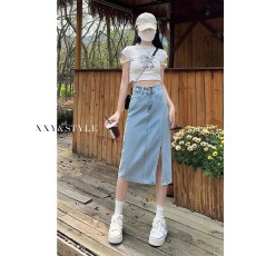 批发浅蓝开叉半身裙女2026夏季新款高腰显瘦a字中长款长裙包臀牛仔裙