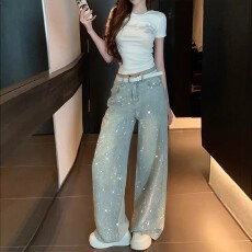 批发李李服饰满钻细闪烫钻阔腿牛仔裤女2026夏款高腰宽松显瘦休闲长裤