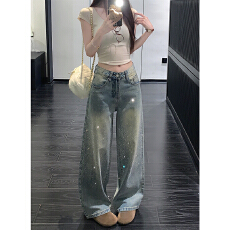 批发复古烫钻高腰阔腿牛仔裤<b class='q'>女</b>春夏季欧货复古宽松显瘦直筒休闲拖地裤