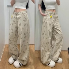 批发浅卡其色牛仔裤<b class='q'>女</b>款夏季薄款大码胖mm显瘦宽松阔腿裤小马<b class='q'>提花</b>裤子