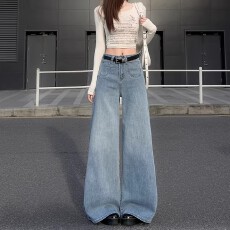 批发夏季美式浅蓝色垂感喇叭阔腿<b class='q'>牛仔裤</b>女2025新款小个子高腰拖地长裤