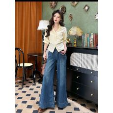 批发复古蓝港风阔腿牛仔裤女2026年<b class='q'>秋</b>季新款小个子高腰显瘦垂感拖地裤