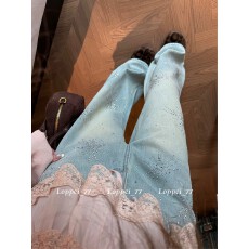 批发浅蓝色烫钻牛仔阔腿裤女<b class='q'>春</b>季新款设计感时尚百搭高腰显瘦直筒长裤