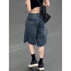 批发<b class='q'>欧洲站</b>大码蓝色五分<b class='q'>牛仔裤</b>女2026夏季新款美式高腰宽松百搭阔腿裤