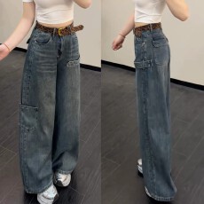 批发美式复古设计感牛仔裤<b class='q'>女</b>小个子直筒<b class='q'>工装裤</b>大码胖mm显瘦慵懒阔腿<b class='q'>裤</b>