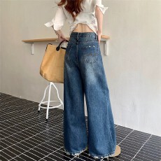 批发复古蓝高腰磨破阔腿牛仔裤女春季水洗宽松百搭垂感休闲直筒拖地裤