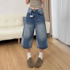 批发复古美式阔腿七分牛仔裤女2026夏季薄款大码胖mm宽松垂感直筒中裤