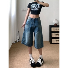 批发美式水洗竹节纹巴黎扣牛仔<b class='q'>七分裤</b><b class='q'>男</b>女夏季重磅宽松<b class='q'>短裤</b>设计感中裤